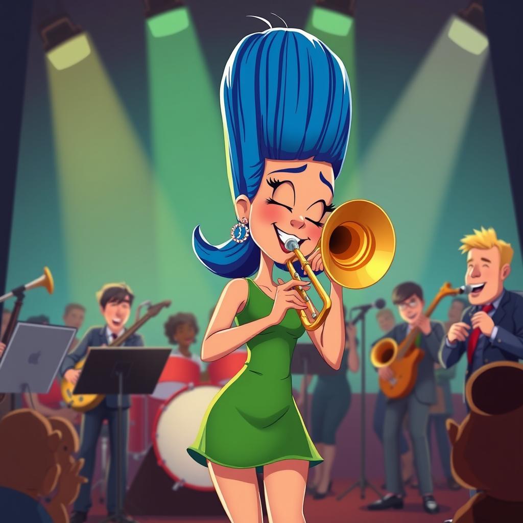 A cartoon character resembling a woman with tall blue hair styled in a beehive, wearing a green dress, performing energetically with a trombone