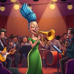 A cartoon character resembling a woman with tall blue hair styled in a beehive, wearing a green dress, performing energetically with a trombone