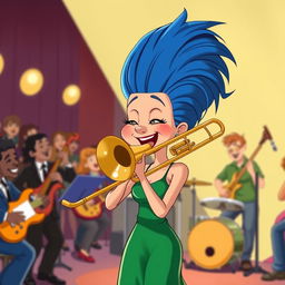 A cartoon character resembling a woman with tall blue hair styled in a beehive, wearing a green dress, performing energetically with a trombone