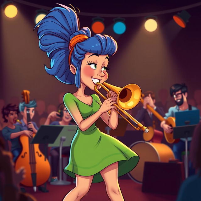 A cartoon character resembling a woman with tall blue hair styled in a beehive, wearing a green dress, performing energetically with a trombone