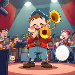 A cartoon character resembling a chubby boy with a red jacket and blue hat, energetically playing a trombone in a lively band setting