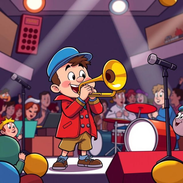 A cartoon character resembling a chubby boy with a red jacket and blue hat, energetically playing a trombone in a lively band setting