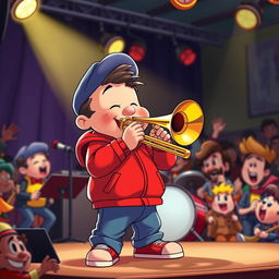 A cartoon character resembling a chubby boy with a red jacket and blue hat, energetically playing a trombone in a lively band setting