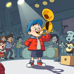 A cartoon character resembling a chubby boy with a red jacket and blue hat, energetically playing a trombone in a lively band setting