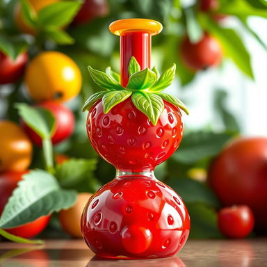 A vibrant and whimsical strawberry-shaped bong designed with intricate details