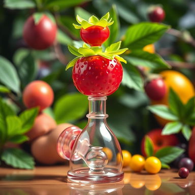 A vibrant and whimsical strawberry-shaped bong designed with intricate details