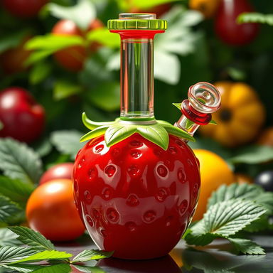 A vibrant and whimsical strawberry-shaped bong designed with intricate details