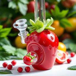 A vibrant and whimsical strawberry-shaped bong designed with intricate details