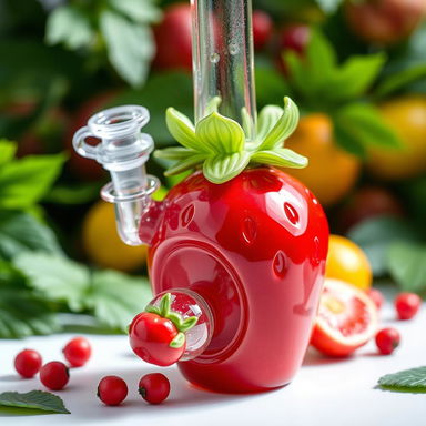 A vibrant and whimsical strawberry-shaped bong designed with intricate details