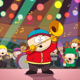 A cartoon character closely resembling Eric Cartman from South Park, with his signature round body, red jacket, yellow mittens, and blue hat, enthusiastically playing a trombone on stage