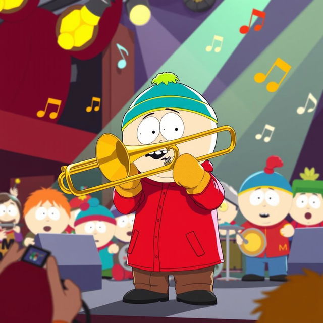 A cartoon character closely resembling Eric Cartman from South Park, with his signature round body, red jacket, yellow mittens, and blue hat, enthusiastically playing a trombone on stage