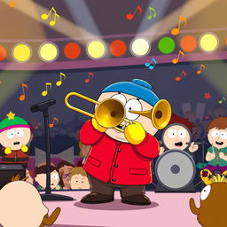 A cartoon character closely resembling Eric Cartman from South Park, with his signature round body, red jacket, yellow mittens, and blue hat, enthusiastically playing a trombone on stage