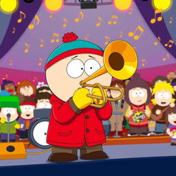 A cartoon character closely resembling Eric Cartman from South Park, with his signature round body, red jacket, yellow mittens, and blue hat, enthusiastically playing a trombone on stage