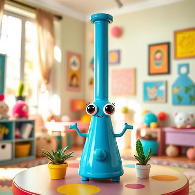 A cute, whimsical bong designed like a cartoon character, with a bright blue color and oversized eyes, standing on a colorful table with a few decorative plants around it