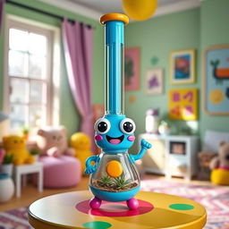 A cute, whimsical bong designed like a cartoon character, with a bright blue color and oversized eyes, standing on a colorful table with a few decorative plants around it