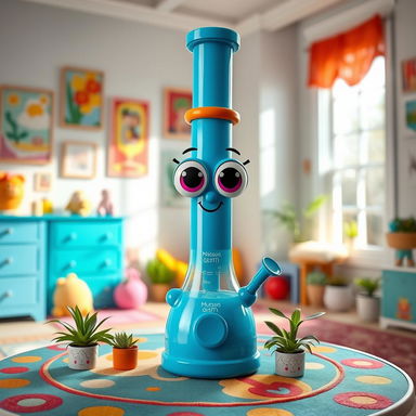A cute, whimsical bong designed like a cartoon character, with a bright blue color and oversized eyes, standing on a colorful table with a few decorative plants around it