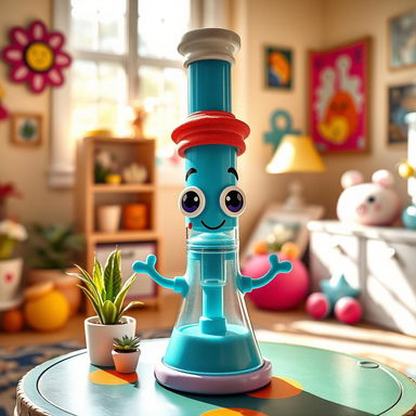 A cute, whimsical bong designed like a cartoon character, with a bright blue color and oversized eyes, standing on a colorful table with a few decorative plants around it
