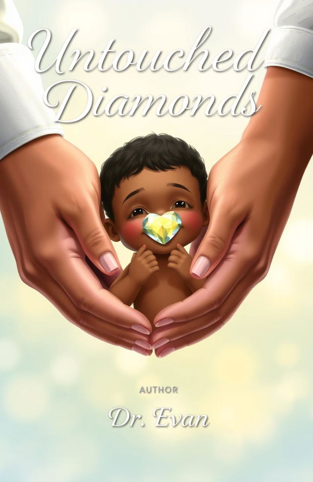 A realistic and heartwarming book illustration featuring a white parent's hands gently holding the hands of a Black child with Down syndrome