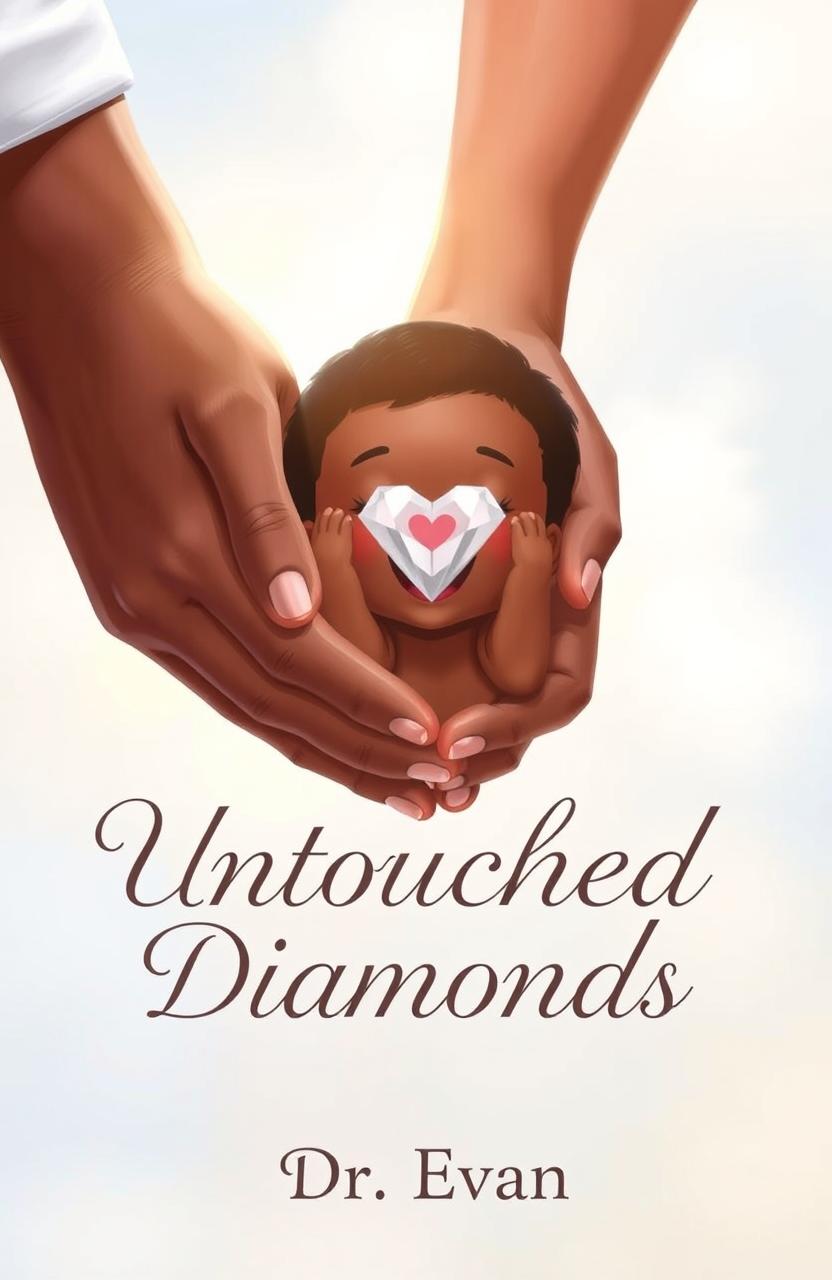 A realistic and heartwarming book illustration featuring a white parent's hands gently holding the hands of a Black child with Down syndrome