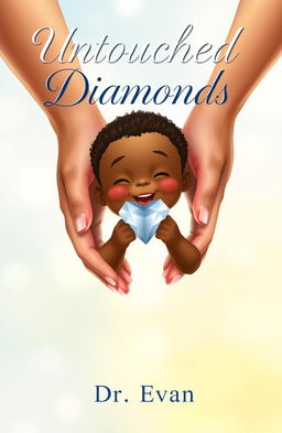 A realistic and heartwarming book illustration featuring a white parent's hands gently holding the hands of a Black child with Down syndrome