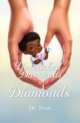 A realistic and heartwarming book illustration featuring a white parent's hands gently holding the hands of a Black child with Down syndrome