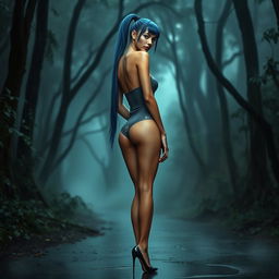 A thin sexy girl with round, enhanced breasts, dressed in a tight grey latex thong leotard paired with high heel shoes