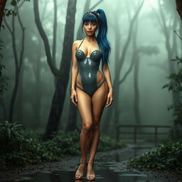 A thin sexy girl with round, enhanced breasts, dressed in a tight shiny grey latex thong leotard paired with high heel shoes