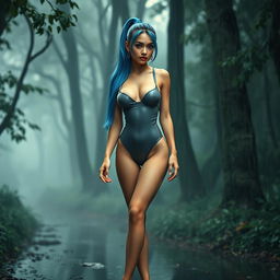 A thin sexy girl with round, enhanced breasts, adorned in a tight shiny grey latex thong leotard complemented by high heel shoes