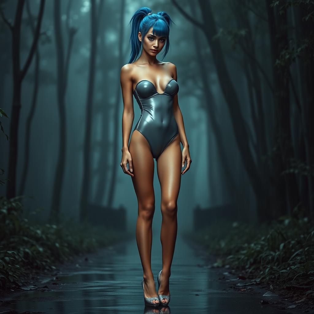 A thin sexy girl with round, enhanced breasts, adorned in a tight shiny grey latex thong leotard complemented by high heel shoes