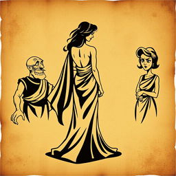 A vintage-style poster inspired by Greco-Roman theater, featuring an aged, crumpled paper background