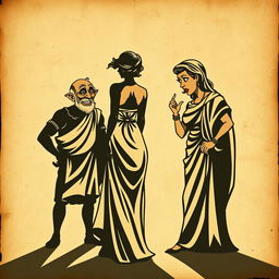 A vintage-style poster inspired by Greco-Roman theater, featuring an aged, crumpled paper background