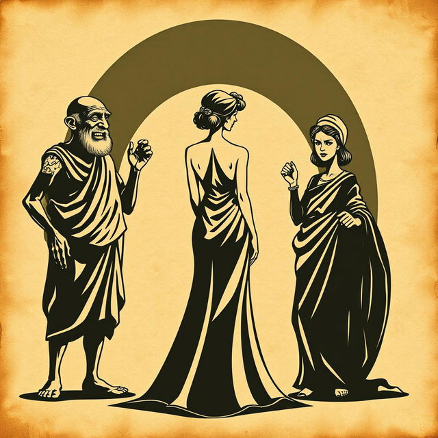 A vintage-style poster inspired by Greco-Roman theater, featuring an aged, crumpled paper background