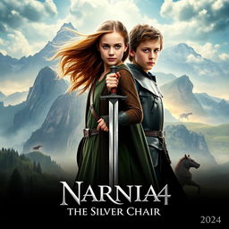 A captivating movie poster for 'NARNIA 4: The Silver Chair (2024)', featuring Georgie Henley as Lucy Pevensie and Will Poulter as Eustace Scrubb