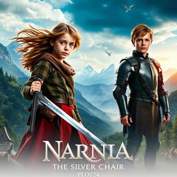 A captivating movie poster for 'NARNIA 4: The Silver Chair (2024)', featuring Georgie Henley as Lucy Pevensie and Will Poulter as Eustace Scrubb