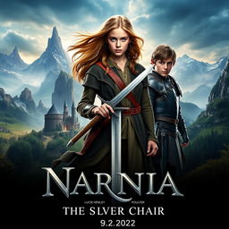 A captivating movie poster for 'NARNIA 4: The Silver Chair (2024)', featuring Georgie Henley as Lucy Pevensie and Will Poulter as Eustace Scrubb