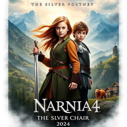 A captivating movie poster for 'NARNIA 4: The Silver Chair (2024)', featuring Georgie Henley as Lucy Pevensie and Will Poulter as Eustace Scrubb