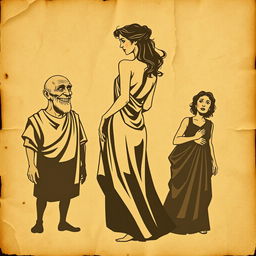 A vintage Greek-Latin theater poster featuring a wrinkled, ancient paper background