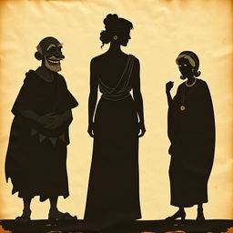 A vintage-style theatrical poster depicting a scene with three shadowy silhouettes printed on aged, crumpled parchment paper