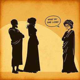 A vintage-style theatrical poster depicting a scene with three shadowy silhouettes printed on aged, crumpled parchment paper