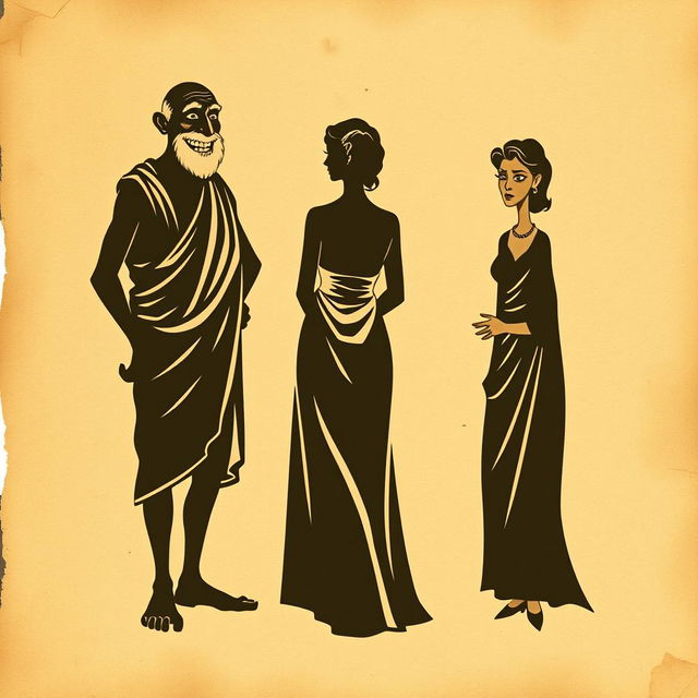 A vintage-style theatrical poster depicting a scene with three shadowy silhouettes printed on aged, crumpled parchment paper