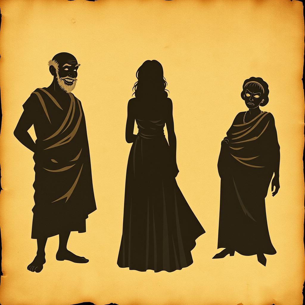 A vintage-style theatrical poster depicting a scene with three shadowy silhouettes printed on aged, crumpled parchment paper
