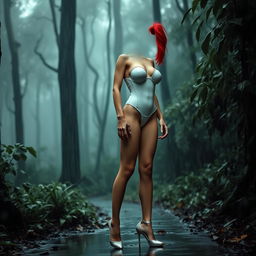 A thin sexy girl with round, enhanced breasts, dressed in a tight shiny white latex thong leotard and high heel shoes