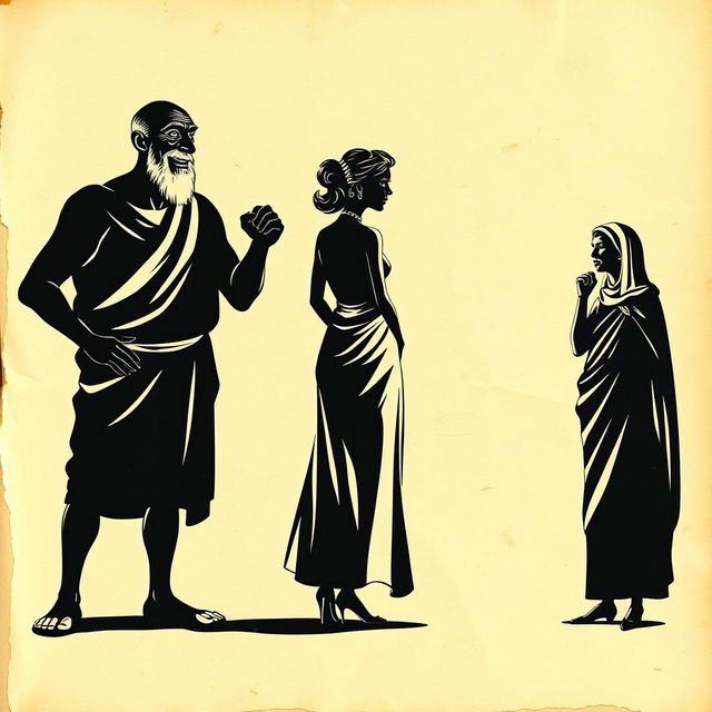 A vintage Greek-Latin theater poster set against a crumpled, aged paper background