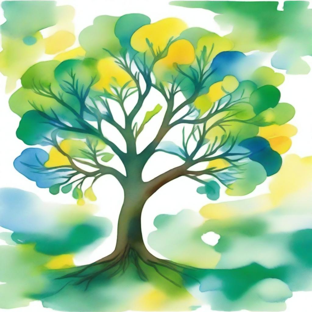 A vibrant watercolor painting showing a flourishing tree symbolizing hope, predominantly using shades of green, blue, and yellow