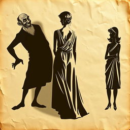 A vintage Greek-Latin theater poster set against a crumpled, aged paper background