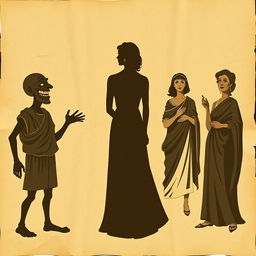 A vintage greco-latin theater poster featuring a wrinkled, ancient paper background