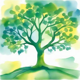 A vibrant watercolor painting showing a flourishing tree symbolizing hope, predominantly using shades of green, blue, and yellow