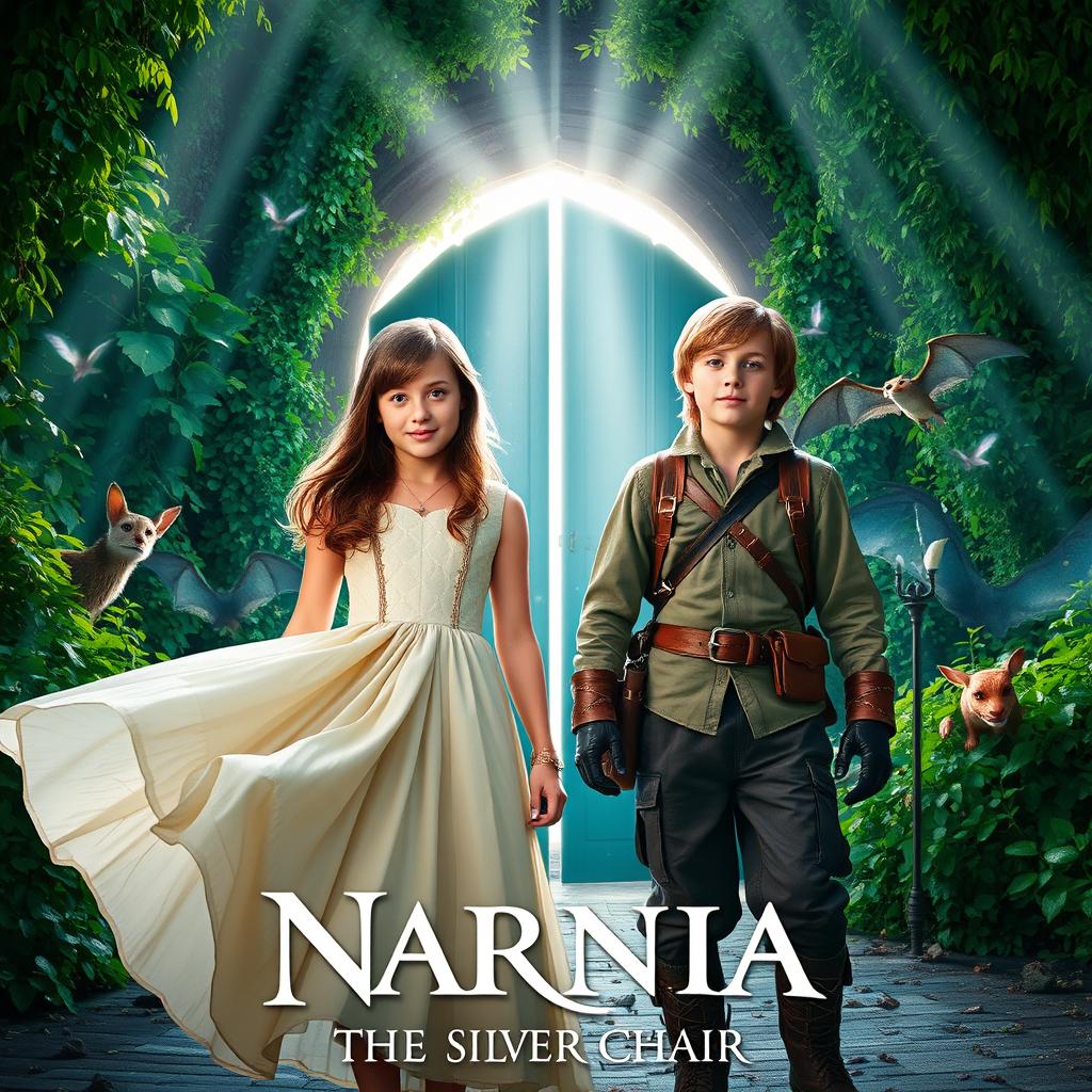 An enchanting scene from 'NARNIA 4: The Silver Chair (2024)', featuring Georgie Henley as Lucy Pevensie and Will Poulter as Eustace Scrubb