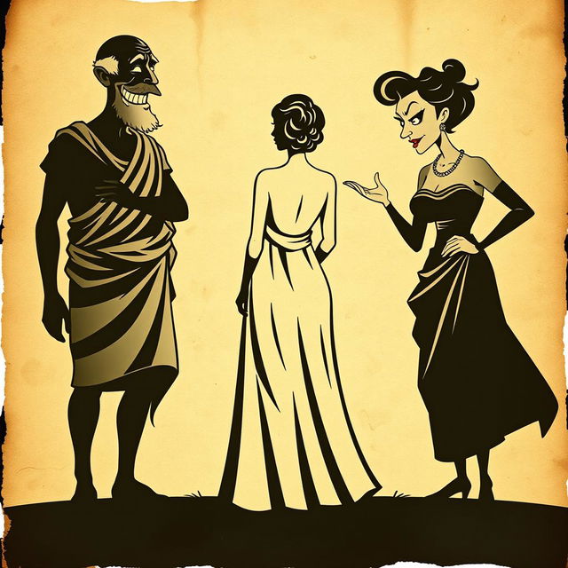 A vintage-style theater poster featuring three worn-out shadow silhouettes printed on a crumpled antique paper background