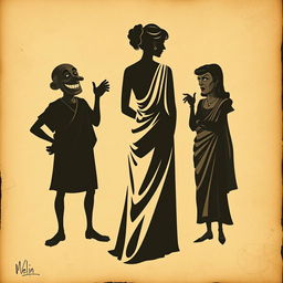 A vintage-style theater poster featuring three worn-out shadow silhouettes printed on a crumpled antique paper background